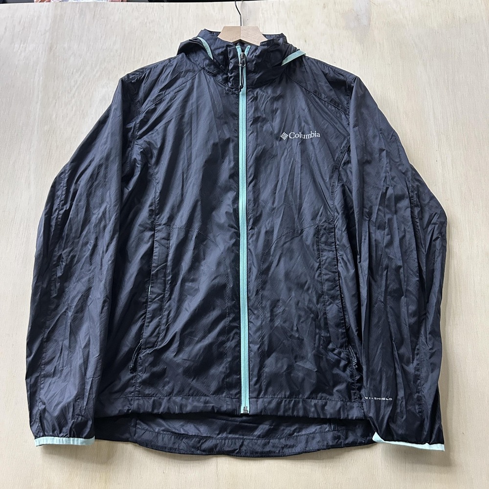 Columbia Jacket Womens‎ Large Black Omni-Shield Hooded Windbreaker Full Zip